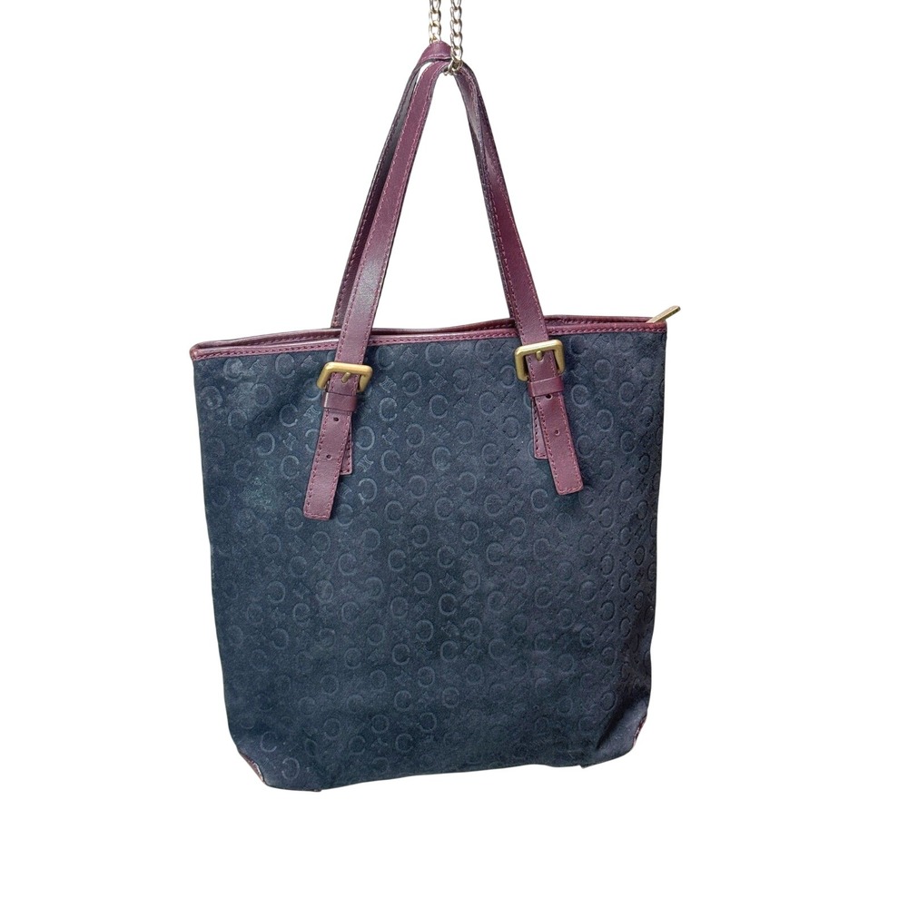 Celine Macadam C Logo Embossed Suede Tote Bag Burgundy Leather Trim‎ Vintage